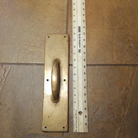 Antique Russwin Enfield Model 14 x 3 1/2 Brass Entry Door Handle and Back Plate Cover