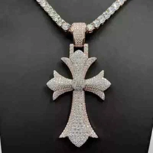 2.20 Ctw Round Cut Moissanite Men's Cross Pendant 14K Rose Gold Plated Silver - Picture 1 of 7