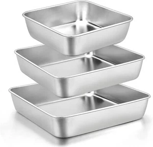 E-far 6/8/9-Inch Square Cake Pan Set, Stainless Steel 9" + 8" + 6", Silver - Picture 1 of 7