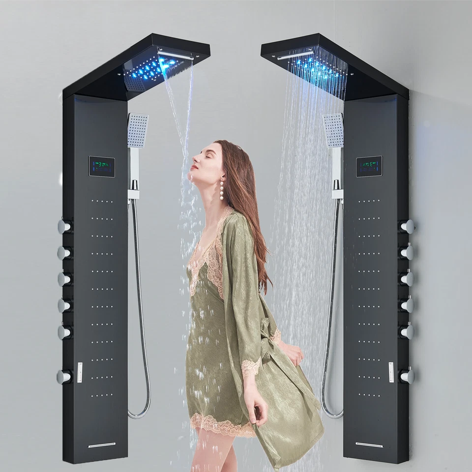 Duschpaneel Edelstahl Duschsystem LED Regendusche Massage Duscharmatur schwarz