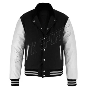 Letterman Baseball Varsity Bomber Black Wool Body & White Leather Sleeves jacket - Picture 1 of 6