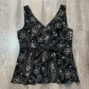 Vintage Paisley Black Gold Sequin 100% Silk Babydoll Cami Top Womens Size Medium - Picture 1 of 7