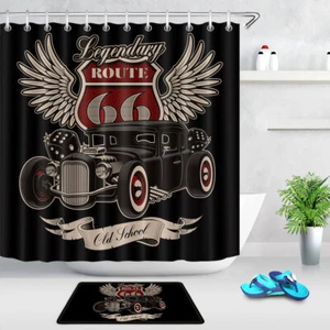 Juego de baño cortina de ducha de tela impermeable vintage American Hot Rod Route 66 - Imagen 1 de 15