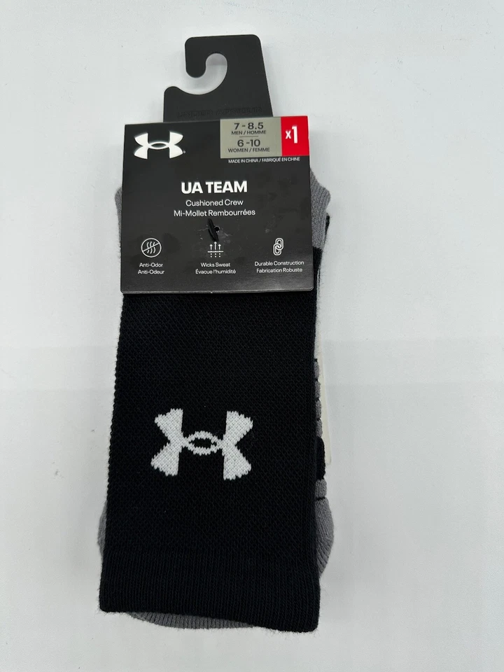 NEW ONE PAIR UNDER ARMOUR UA TEAM CUSHIONED CREW SOCKS MENS  WOMENS WHITE /BLACK - Image 1 of 4