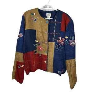 Vintage Koret City Blues Patchwork Embroidered Jacket Country Cardigan XL - Picture 1 of 11