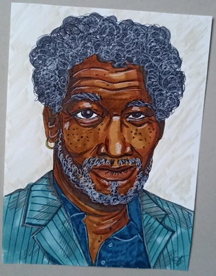 Morgan Freeman retrato actor icónico estrella de Hollywood pintura original 8x6"" Foto 1 de 2