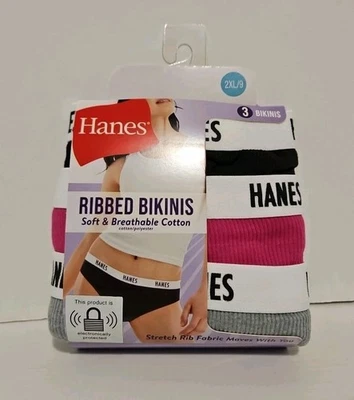 Hanes Ribbed Bikinis 3 Pair 2XL/9 Soft & Breathable Cotton - Image 1 of 2