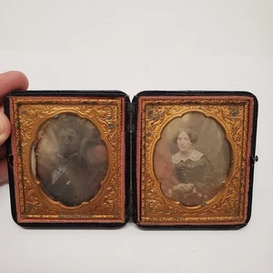 Antike Daguerreotypie Ambrotype Tintype Doppel Foto Etui Mann Frau beschädigt - Bild 1 von 10