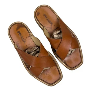 Prada Herren-Pantolette cognacfarbenes Leder doppeltes gekreuztes Obermaterial Größe 10 UK - Bild 1 von 6
