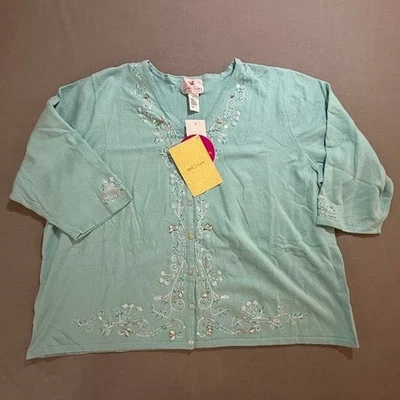 Quacker Factory Cardigan Linen Sweater Aqua Blue Embellished Button Front 3X - Image 1 of 4