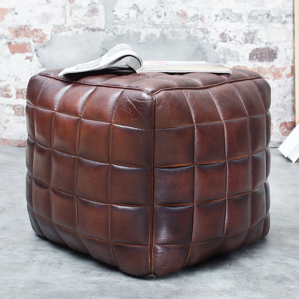 Retro Hocker RIDER 40cm braun Echtleder mit Ziersteppung Fußhocker Sitzwürfel - Bild 1 von 4