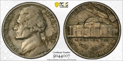 1942 Nickel Mint Error PCGS VF35 Peeling Lamination - Image 1 of 3