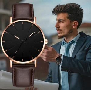 Herren: Klassische Designer, schwarzes Gesicht, blau gestreiftes Glas, braunes Lederarmband Uhr - Bild 1 von 3