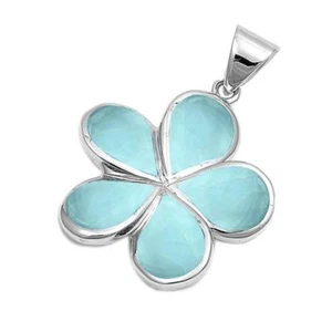 Natural Larimar Plumeria .925 Sterling Silver Pendant - Picture 1 of 2