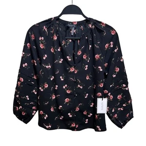 1.State NWT Womens Size S Black Blooms Floral Print Pintuck Blouse - Picture 1 of 7