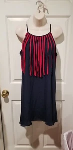 Fascinating Women's Thin Strap Navy Blue Dress W/Blue & Red Long Fringe Neckline - Picture 1 of 11