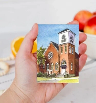 ACEO original; arquitectura; Trinity United Methodist, Fernandina Beach, FL Foto 1 de 3