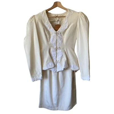 De Colección Años 80 Vestido Traje Pequeño Encaje Cintura Definidora Chaqueta Falda Larga Boda Formal Foto 1 de 4