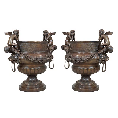 Bronze 30" Pair of detailed large vases w Angel figures on Handles - Image 1 of 3