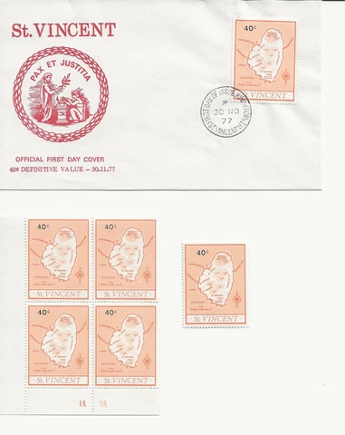 1977 - St. Vincent - DEFINITIVES - 1 FDC + 1 BLOCK/4 + 1 SINGLE MNH Cover