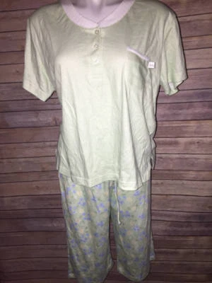 Conjunto de pijama para mujer Karen Neuburger 2 piezas top capri talla S pequeño verde guinga Foto 1 de 3
