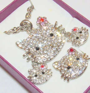Hello Kitty  Silver Gold tone Necklace Pendant Ring Earrings  Rings Gift set  - Picture 1 of 3