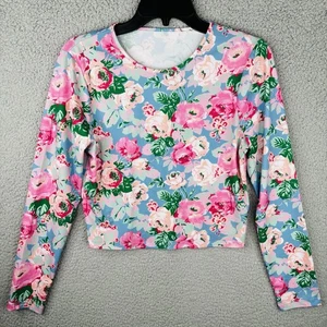 Wayf Crop Top Damen XS Blau Bunt Langarm Stretchig Rundhals Blumen - Bild 1 von 7