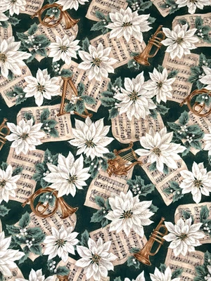 2YDS De Colección Impresiones Cranston Navidad Blanco Poinsettia Notas Musicales Cuerno Verde 2 yardas Foto 1 de 4