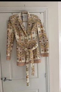 ZARA WOMEN NEW PRINTED LINEN BLEND BLAZER BELTED JACKET MULTICOLORED XS - Picture 1 of 15