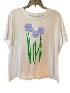 Camisa Marushka Talla XL* Blanca Púrpura Floral Serigrafiada Manga Algodón Camiseta - Imagen 1 de 7