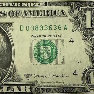 Quad 4 of a Kind 3s and 1 Pair 6s Fancy Serial Number One Dollar Bill D03833636A - Picture 1 of 6