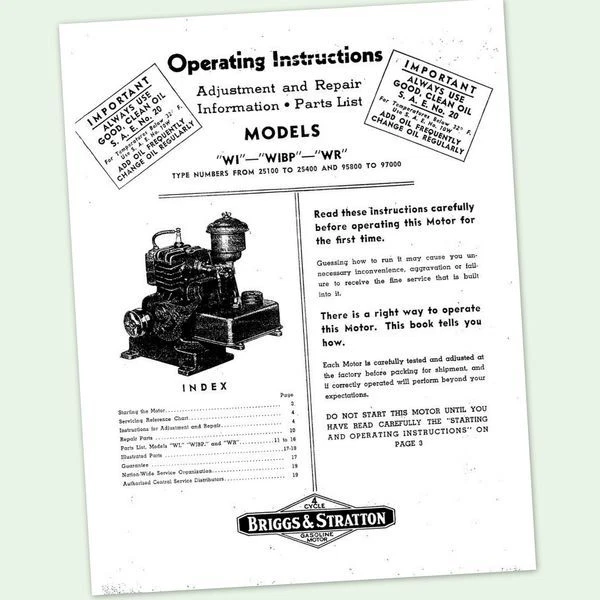 Briggs And Stratton Model Wi Wibp Wr Engine Operators Owners Maintenance Manual - Image 1 of 1