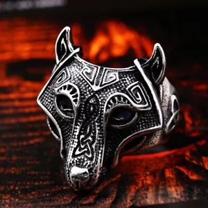 Men Nordic Celtic Mask Wolf Ring Stainless Steel Vintage Tribal Fox Biker Ring - Picture 1 of 9