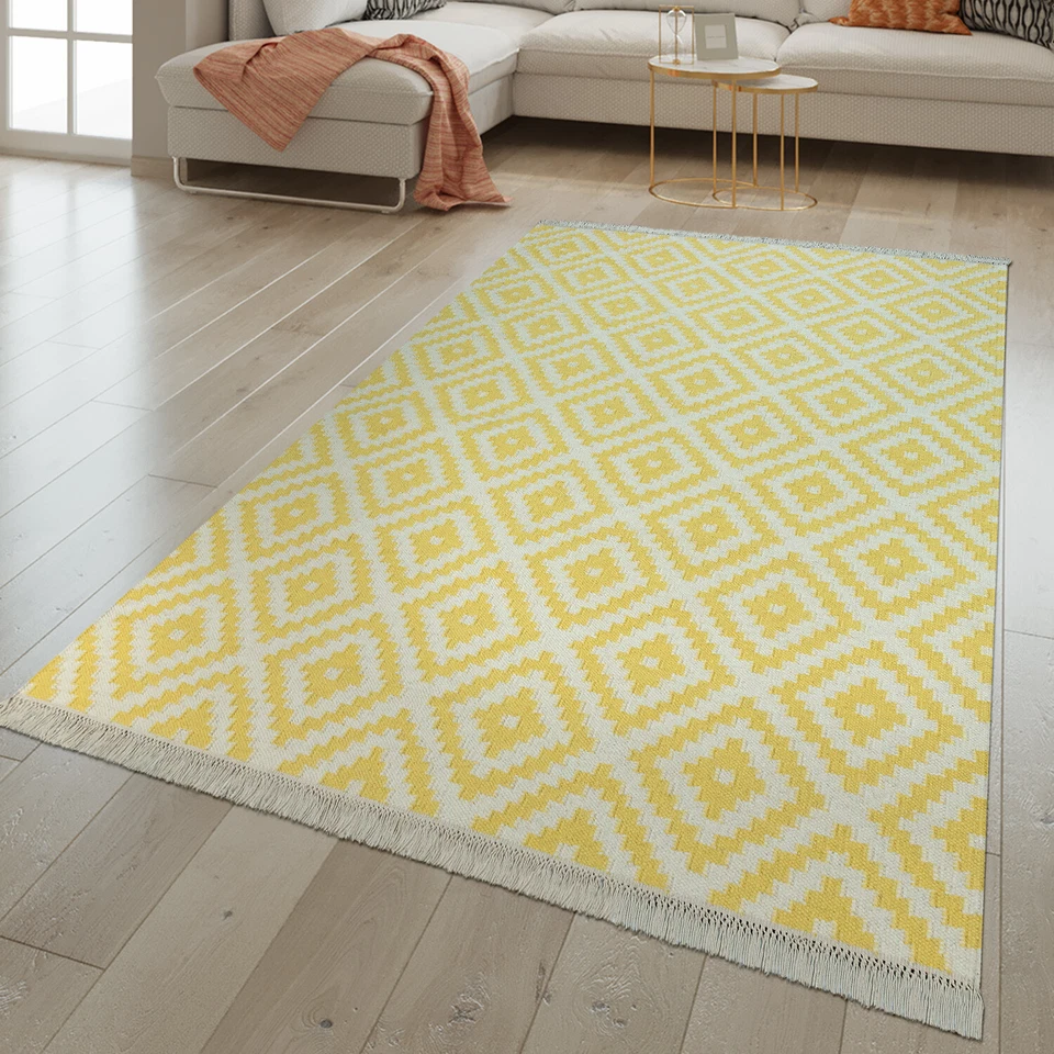 Tapis Tendance Tissé Main À Franges | Motif Marocain Moderne | Jaune Blanc - Photo 1/3