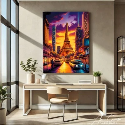 Impresión artística de la Torre Eiffel enmarcada arte de pared futurista lienzo horizonte decoración del hogar Foto 1 de 4