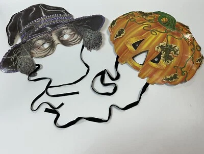 Vtg 1985 Die Cut Halloween Masks Decoration Witch Jack o Lantern Dept 56 Worn - Image 1 of 4