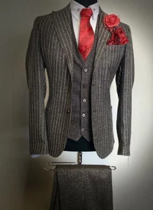 Traje turco para hombre 3pc Slim Fit gris y rayas blancas de Moda Color - Imagen 1 de 8