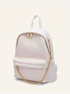 Classic Ivory Embossed Chain Decor Backpack Faux Leather Women Girl Travel Bag - Picture 1 of 7