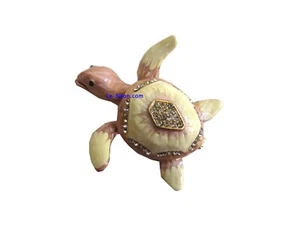 Bejeweled White Little Sea Turtle Hinged Metal Enameled Rhinestone Trinket Box - Picture 1 of 7