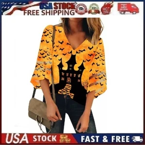 Women's Casual V Neck Blouse 3/4 Bell Sleeve Mesh Panel Shirt. Size Medium - Picture 1 of 11