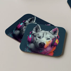 Siberian Husky Coaster Drinks Tea Coffee Music Headphones DJ Music Funny - Picture 1 of 1