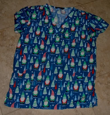 Christmas Gnomes & Christmas Trees Scrub Uniform Top Ladies S Small - Image 1 of 2