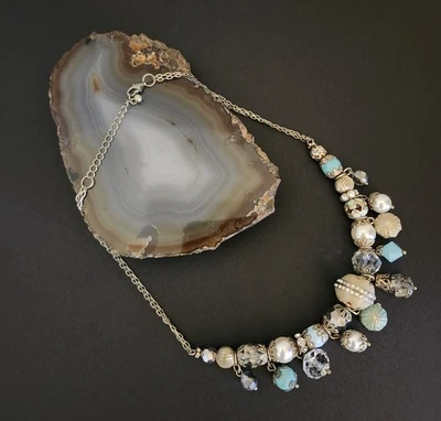 Винтажный ошейник ожерелье латуни серебра w/синий бисер филигранный, искусственный жемчуг, кристаллы - Изображение 1 из 4