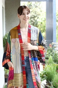 100% Seda Crepé Multicolor Patchwork Kimono Largo Floral Bata PS PWK1031 - Imagen 1 de 10