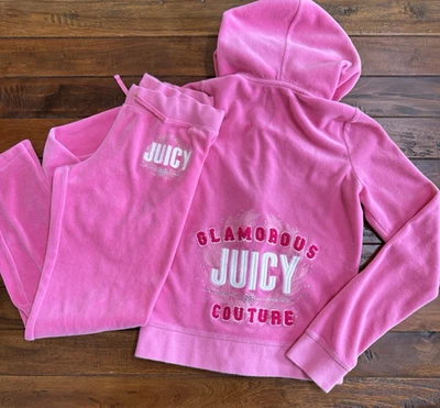 Calça com Capuz JUICY COUTURE Veludo Rosa Meninas Crianças Bordada Extra Grande 7 8 - Imagem 1 de 4