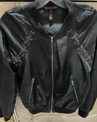 Material Girl Intent Black Zip Front Long Sleeve Bomber Jacket Size M - Image 1 of 4