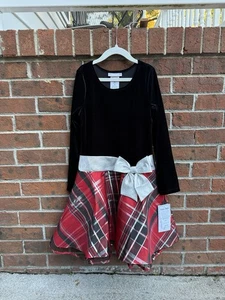 Vestido Bonnie Jean Niñas Manga Larga Cuadros Hipster Lazo Plateado Talla 8 Nuevo con Etiquetas Vacaciones - Imagen 1 de 6