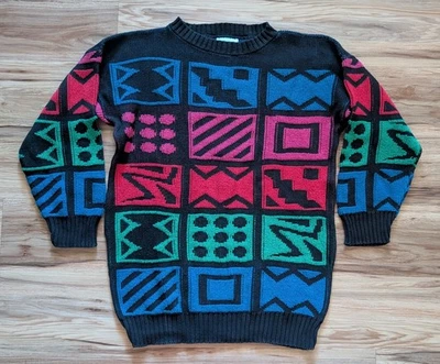 Vintage Retro Knit Sweater Womens L Black Colorful Block Ugly Geo Art Grannycore - Image 1 of 4