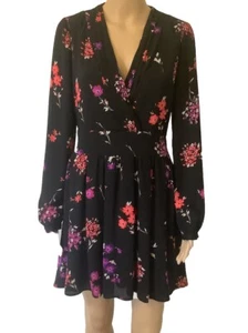 Express Mini Floral Dress Size 6 Women’s V-Neck Long Sleeves Black Lined - Picture 1 of 14