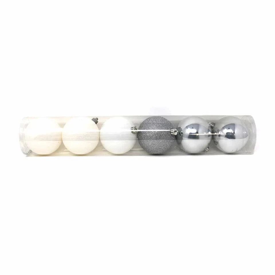 Tubo 6 palline di Natale di plastica 8cm argento bianco - Immagine 1 di 1